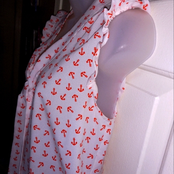 Eyeshadow Women's Sz Small Anchors White Red Ruffles Sleeveless Nautical Boating - Picture 11 of 16